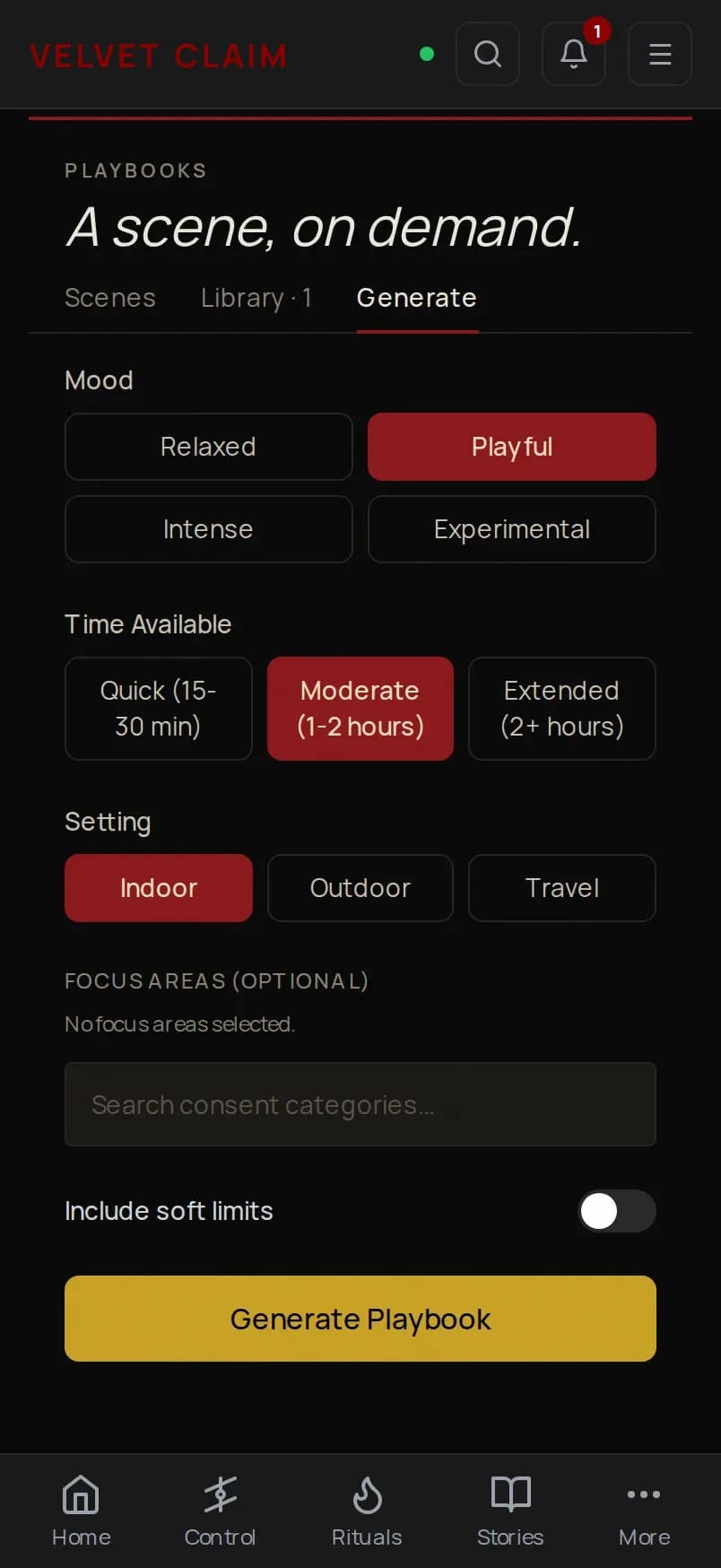 The Velvet Claim playbook generation screen on a phone, showing the AI building a scene.