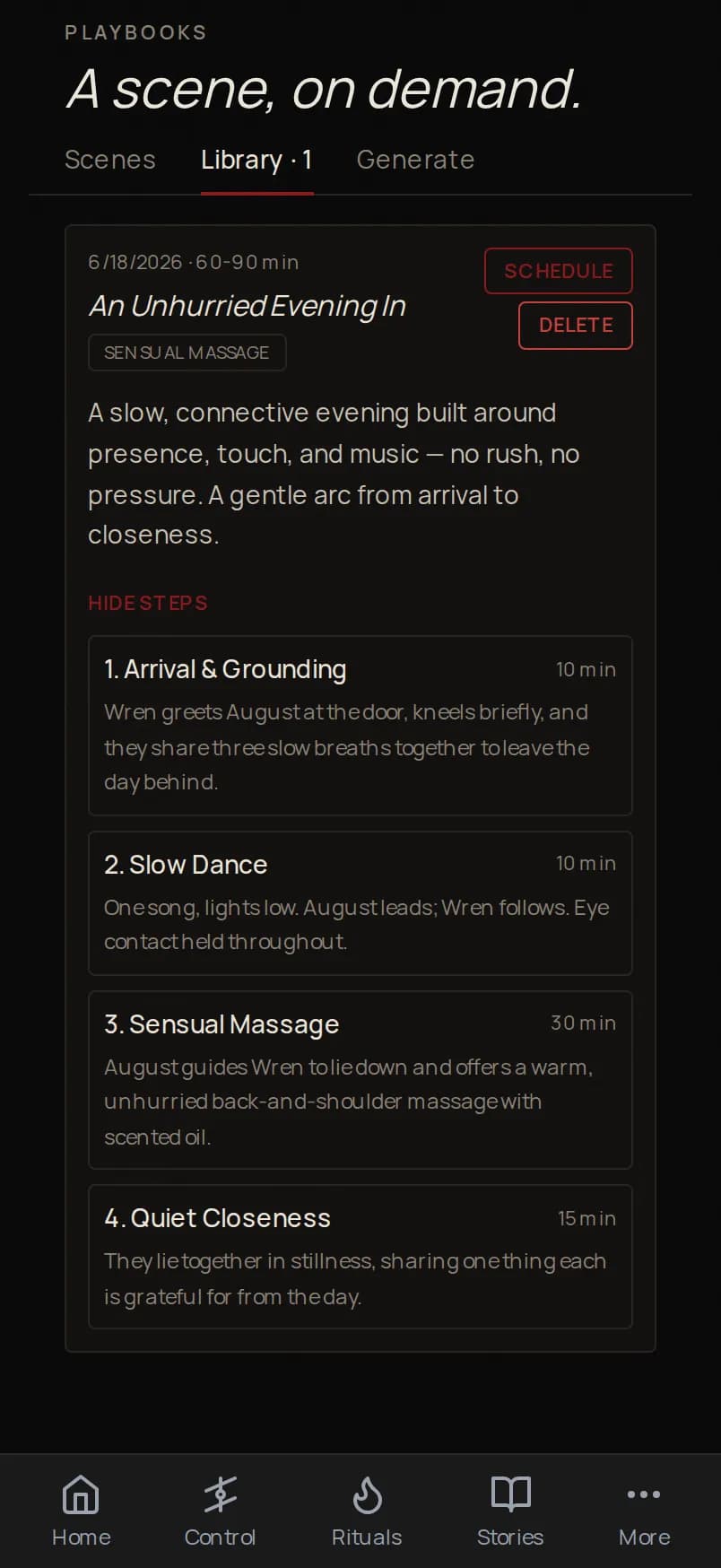 The Velvet Claim playbook scene screen on a phone, showing a saved scene with steps.