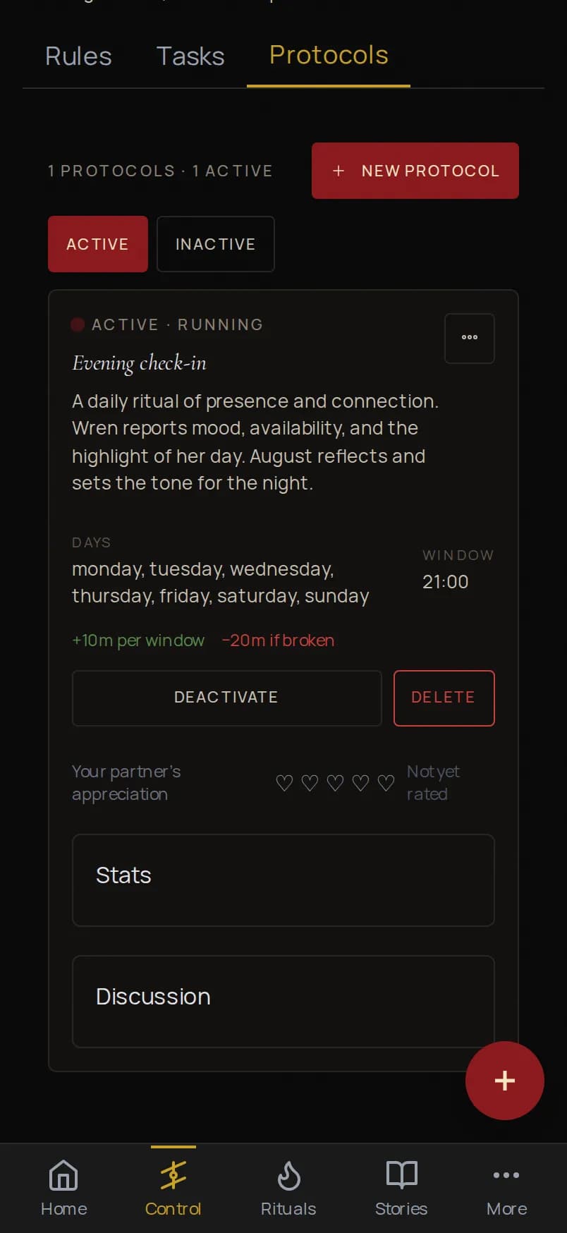 The Velvet Claim protocols screen on a phone, showing recurring protocol schedules.