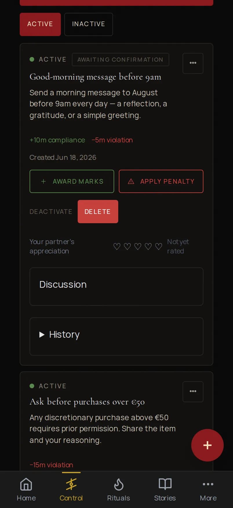 The Velvet Claim rules screen on a phone, showing a list of active rules with mark counters.