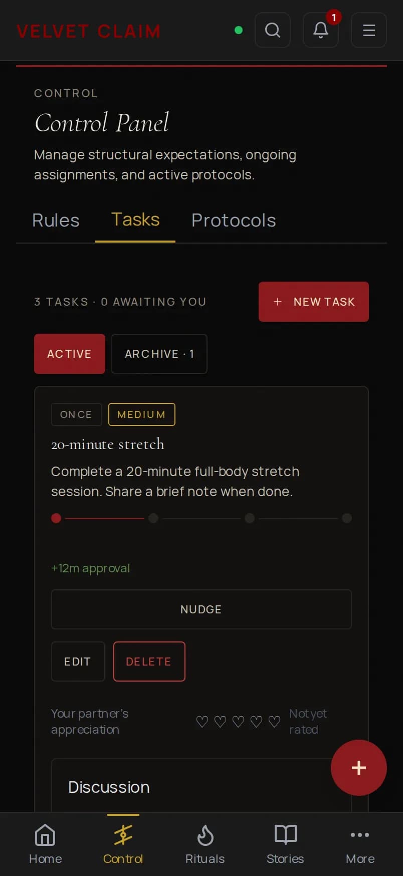 The Velvet Claim tasks screen on a phone, showing pending tasks with proof requirements.