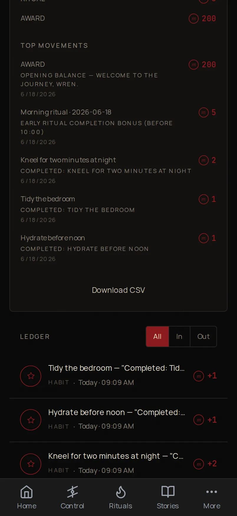 The Velvet Claim marks ledger on a phone, showing recent transaction entries.