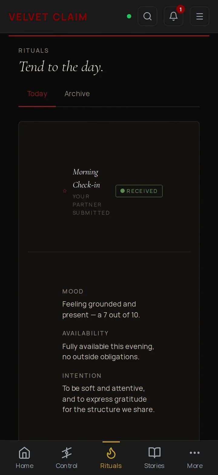 The Velvet Claim daily ritual screen on a phone, showing a morning check-in prompt before both partners have answered.
